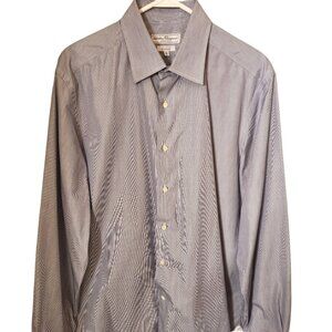 Salvatore Ferragamo Shirt Mens 17.5/44 Blue White Micro Striped Cotton Italy